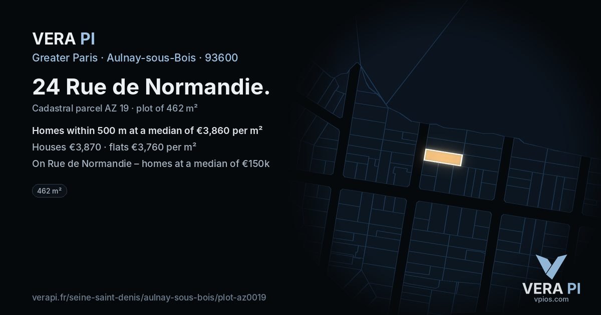 24 Rue de Normandie, Aulnay-sous-Bois at night – the plot lit, the parcels around coloured by the prices near them