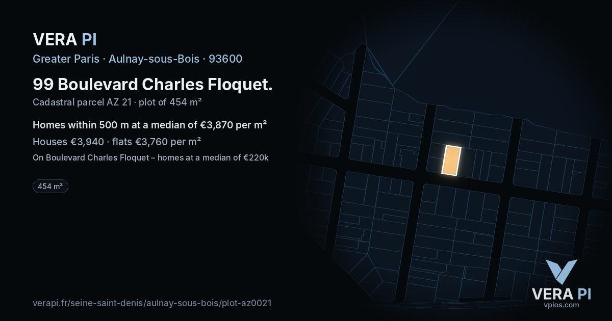 99 Boulevard Charles Floquet, Aulnay-sous-Bois at night – the plot lit, the parcels around coloured by the prices near them