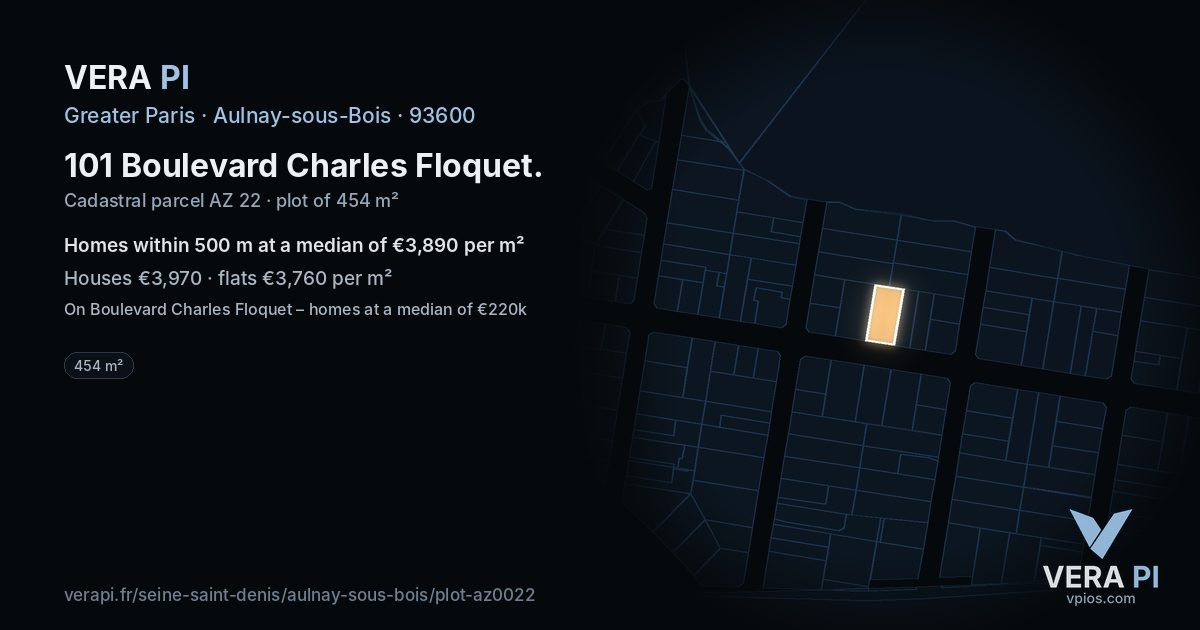 101 Boulevard Charles Floquet, Aulnay-sous-Bois at night – the plot lit, the parcels around coloured by the prices near them