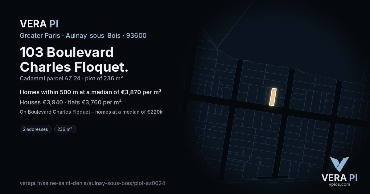 103 Boulevard Charles Floquet, Aulnay-sous-Bois at night – the plot lit, the parcels around coloured by the prices near them