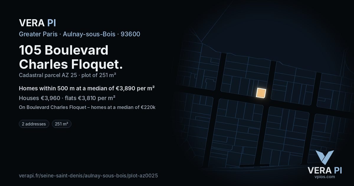 105 Boulevard Charles Floquet, Aulnay-sous-Bois at night – the plot lit, the parcels around coloured by the prices near them