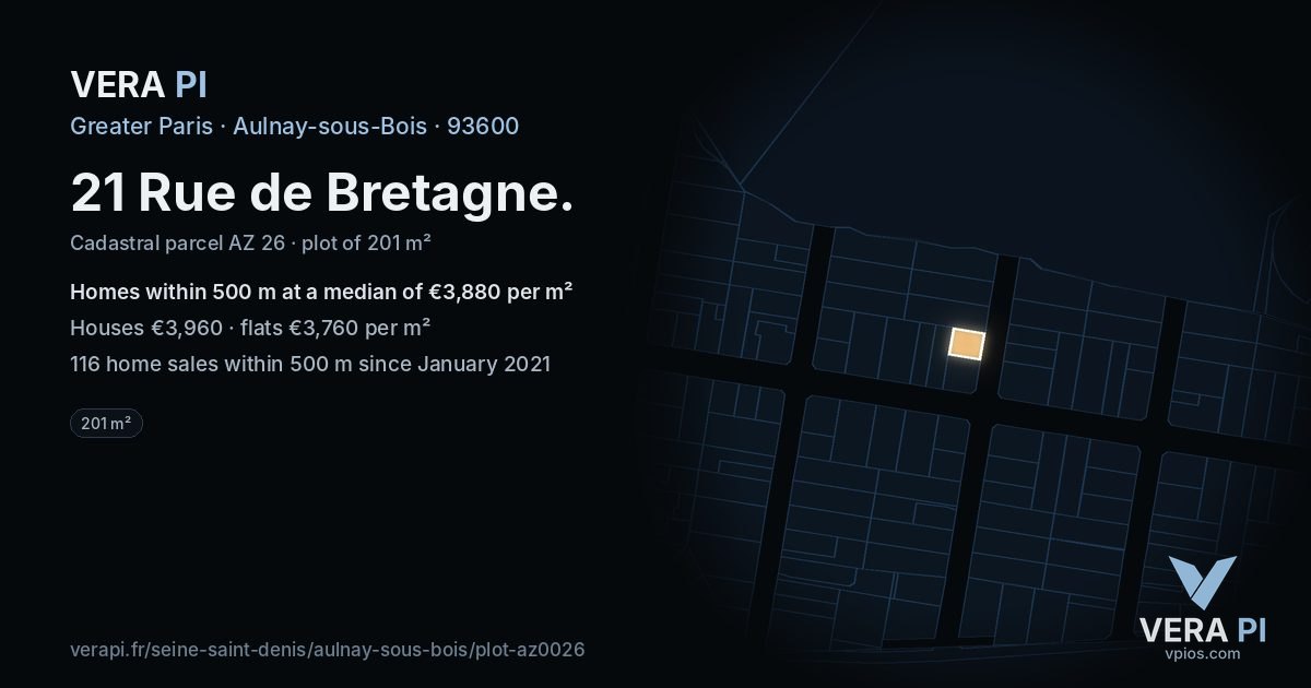 21 Rue de Bretagne, Aulnay-sous-Bois at night – the plot lit, the parcels around coloured by the prices near them