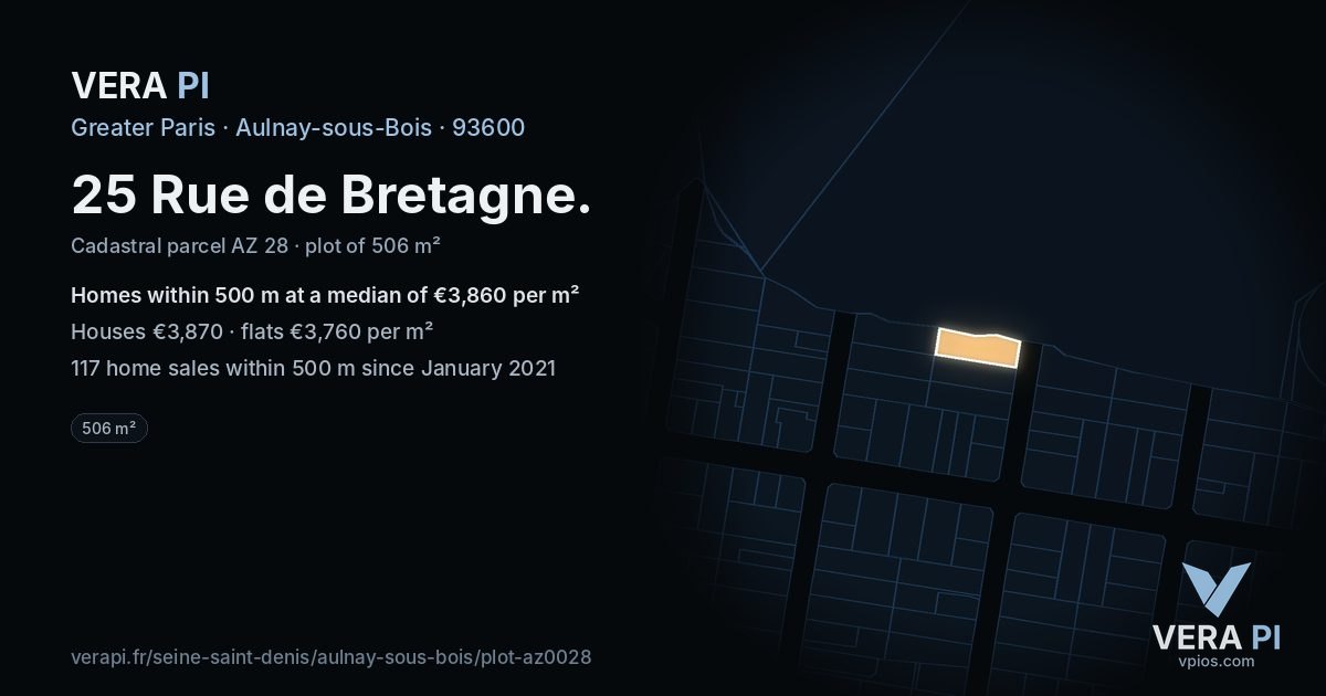 25 Rue de Bretagne, Aulnay-sous-Bois at night – the plot lit, the parcels around coloured by the prices near them