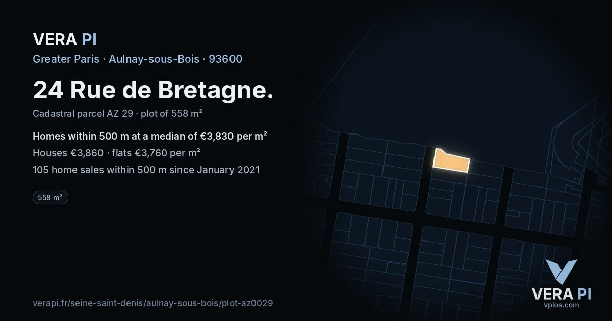 24 Rue de Bretagne, Aulnay-sous-Bois at night – the plot lit, the parcels around coloured by the prices near them