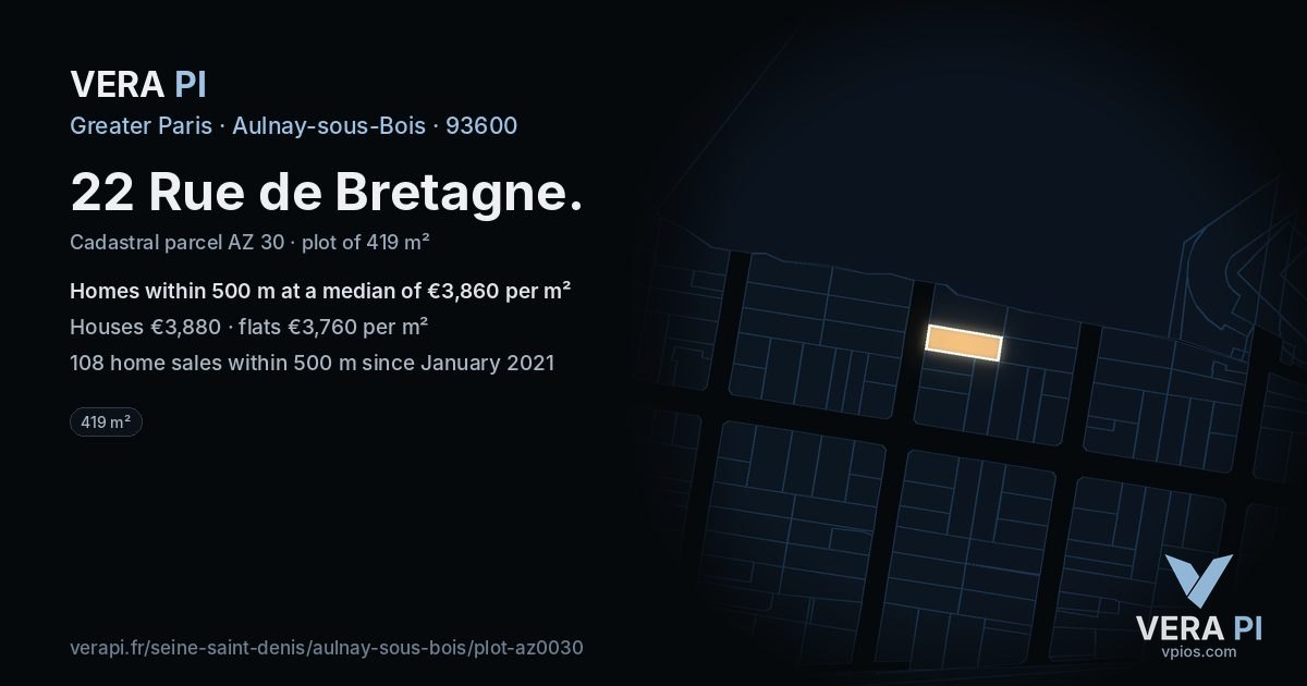 22 Rue de Bretagne, Aulnay-sous-Bois at night – the plot lit, the parcels around coloured by the prices near them