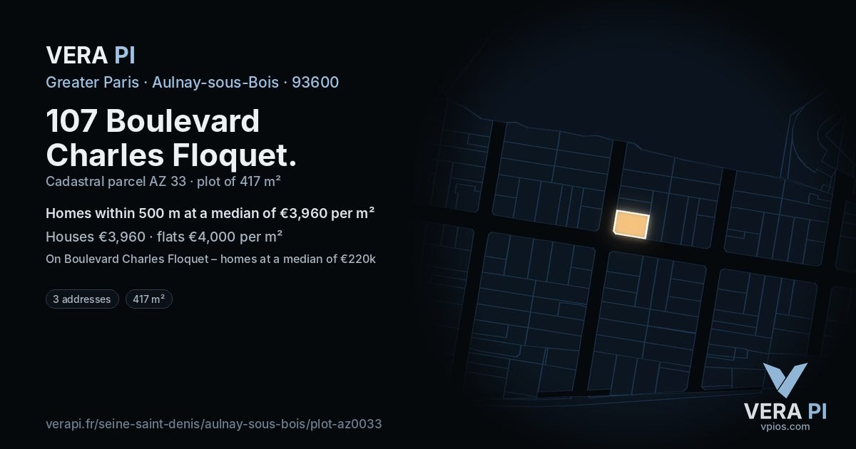 107 Boulevard Charles Floquet, Aulnay-sous-Bois at night – the plot lit, the parcels around coloured by the prices near them