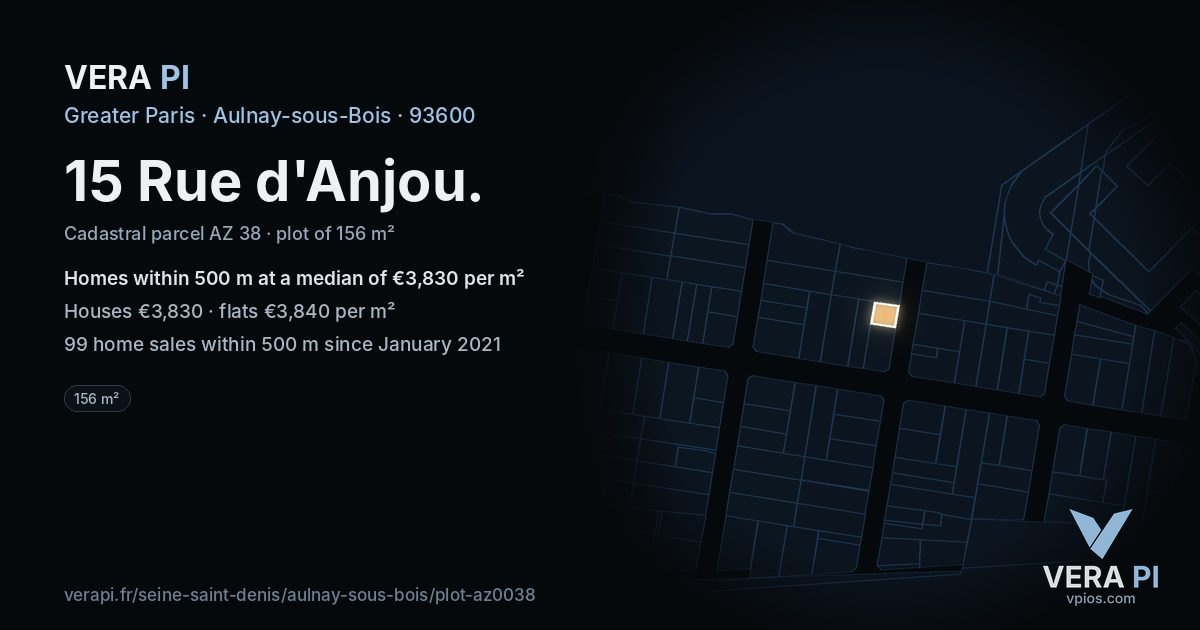 15 Rue d'Anjou, Aulnay-sous-Bois at night – the plot lit, the parcels around coloured by the prices near them
