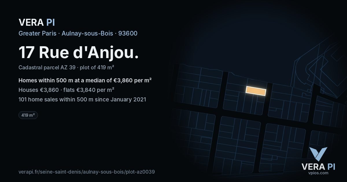17 Rue d'Anjou, Aulnay-sous-Bois at night – the plot lit, the parcels around coloured by the prices near them