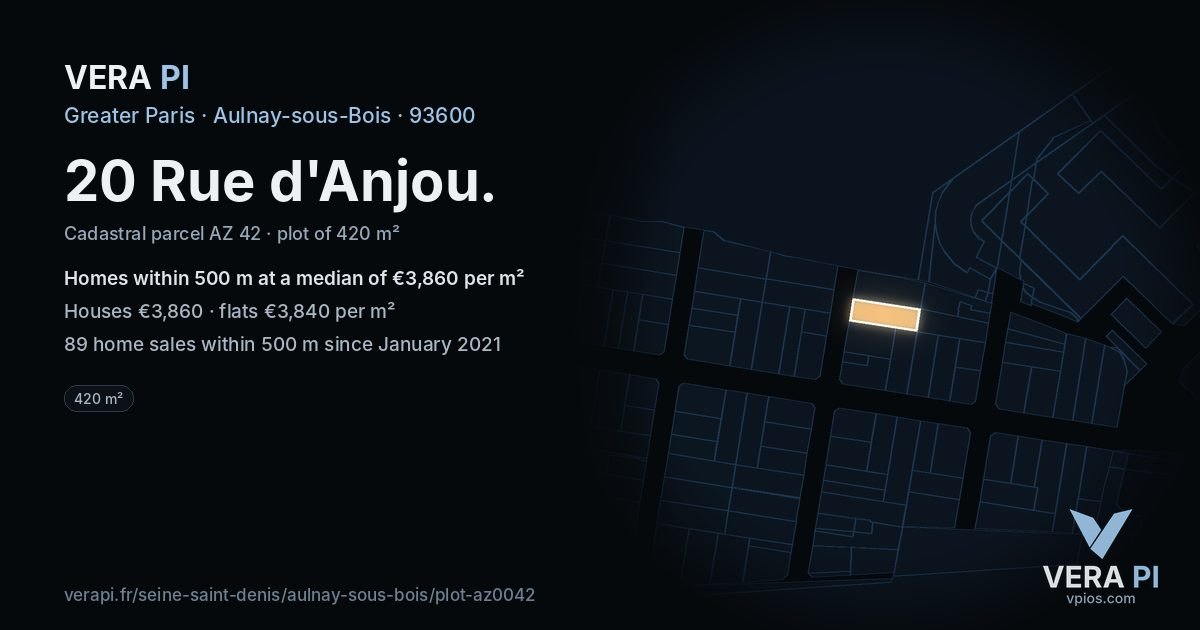 20 Rue d'Anjou, Aulnay-sous-Bois at night – the plot lit, the parcels around coloured by the prices near them