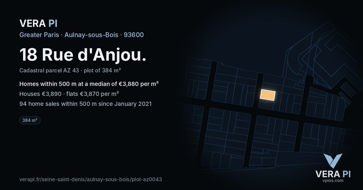 18 Rue d'Anjou, Aulnay-sous-Bois at night – the plot lit, the parcels around coloured by the prices near them