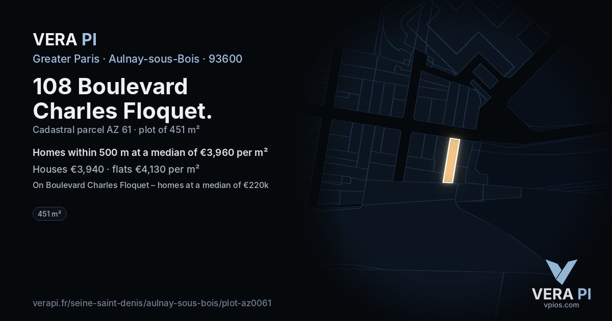 108 Boulevard Charles Floquet, Aulnay-sous-Bois at night – the plot lit, the parcels around coloured by the prices near them