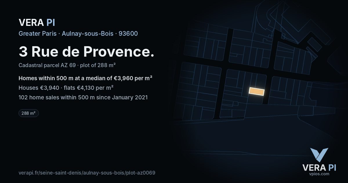 3 Rue de Provence, Aulnay-sous-Bois at night – the plot lit, the parcels around coloured by the prices near them