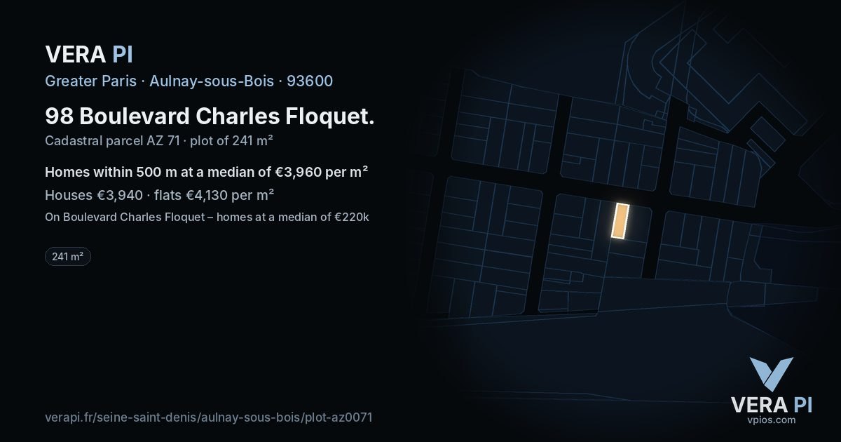98 Boulevard Charles Floquet, Aulnay-sous-Bois at night – the plot lit, the parcels around coloured by the prices near them
