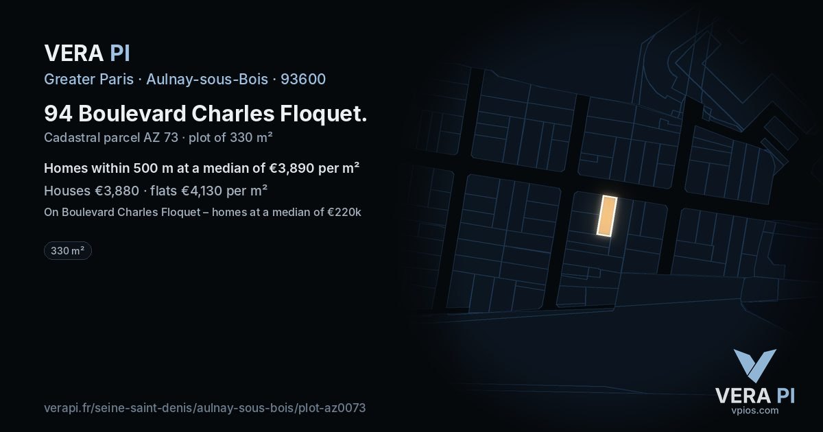 94 Boulevard Charles Floquet, Aulnay-sous-Bois at night – the plot lit, the parcels around coloured by the prices near them