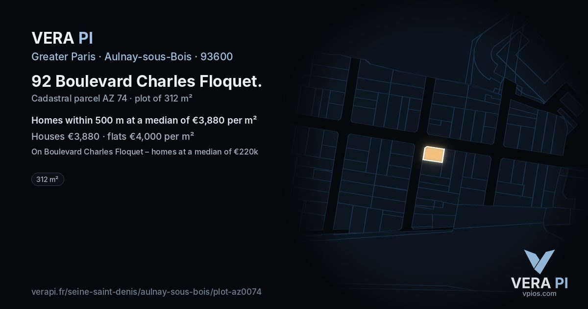 92 Boulevard Charles Floquet, Aulnay-sous-Bois at night – the plot lit, the parcels around coloured by the prices near them