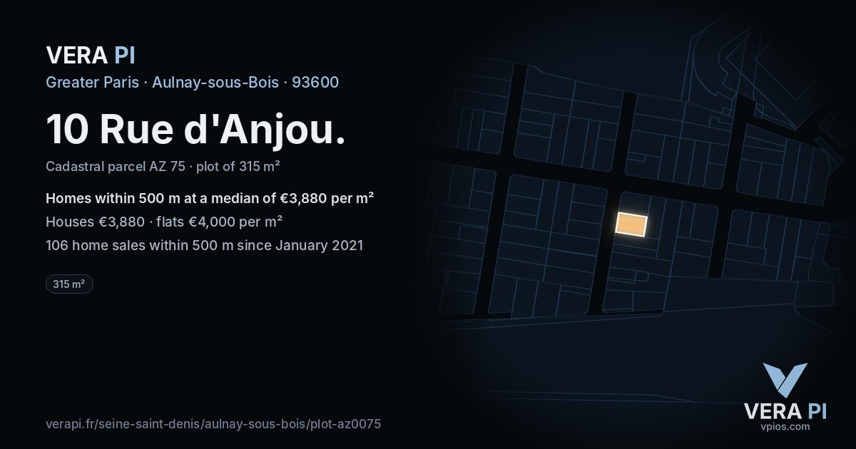 10 Rue d'Anjou, Aulnay-sous-Bois at night – the plot lit, the parcels around coloured by the prices near them