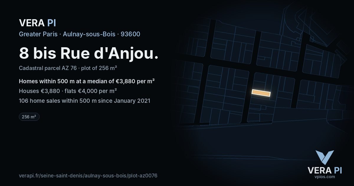 8 bis Rue d'Anjou, Aulnay-sous-Bois at night – the plot lit, the parcels around coloured by the prices near them