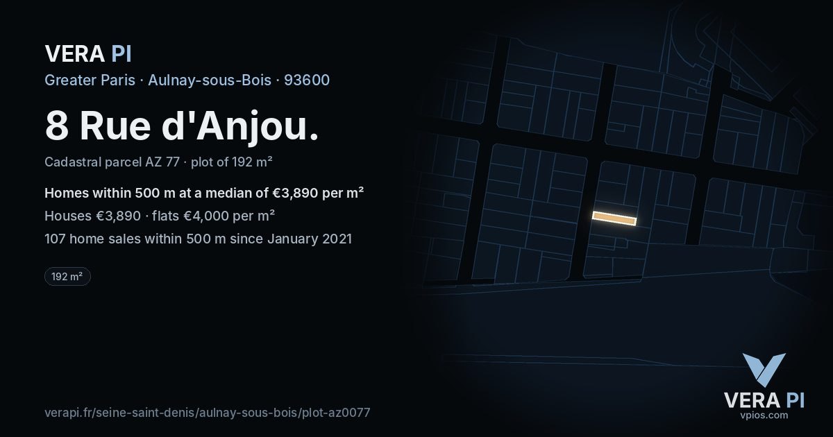 8 Rue d'Anjou, Aulnay-sous-Bois at night – the plot lit, the parcels around coloured by the prices near them