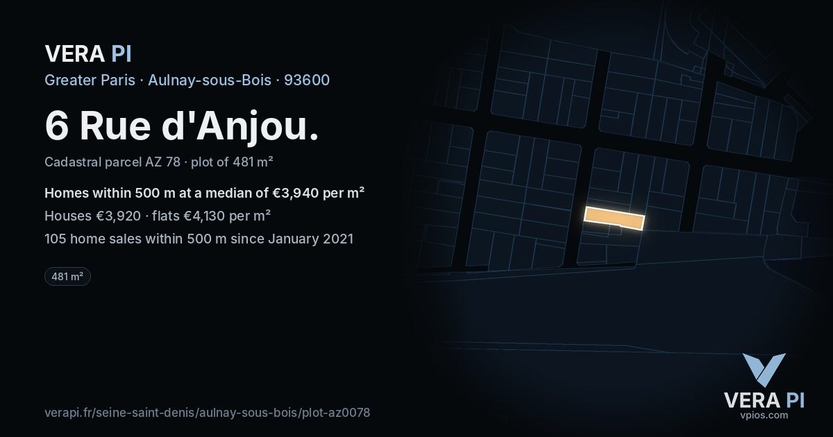 6 Rue d'Anjou, Aulnay-sous-Bois at night – the plot lit, the parcels around coloured by the prices near them