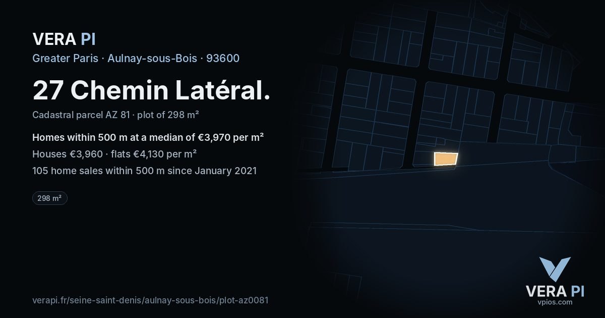 27 Chemin Latéral, Aulnay-sous-Bois at night – the plot lit, the parcels around coloured by the prices near them