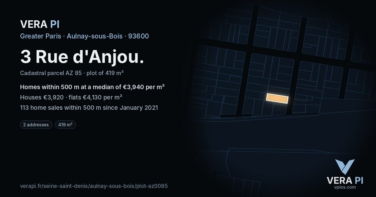 3 Rue d'Anjou, Aulnay-sous-Bois at night – the plot lit, the parcels around coloured by the prices near them