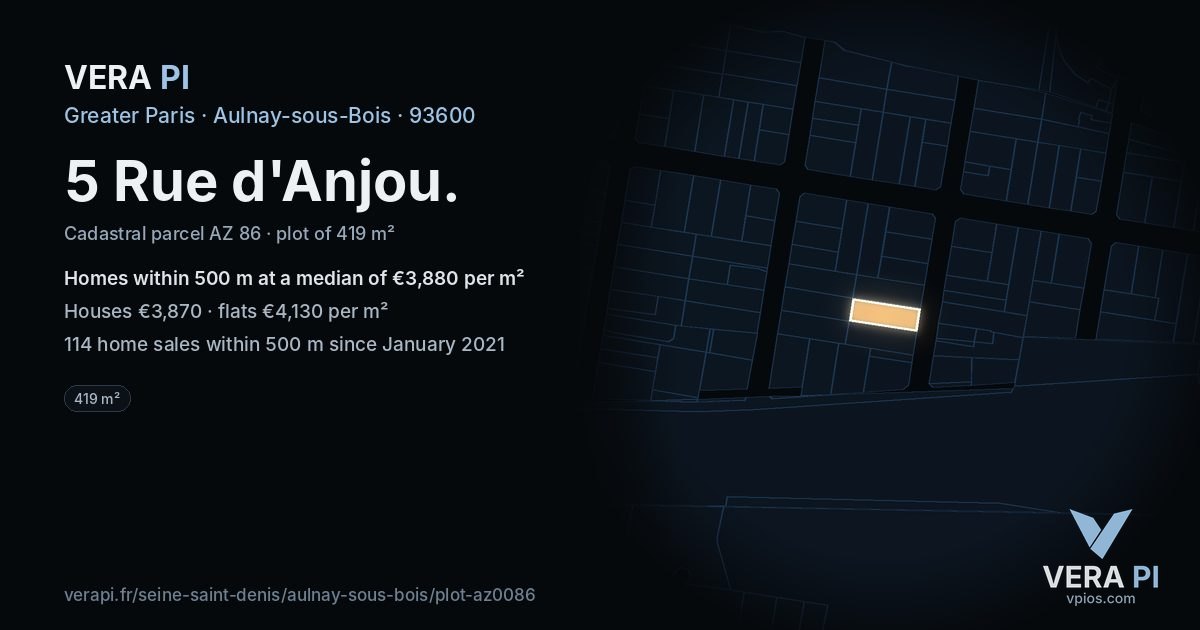5 Rue d'Anjou, Aulnay-sous-Bois at night – the plot lit, the parcels around coloured by the prices near them