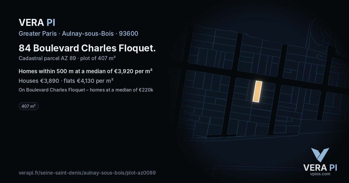 84 Boulevard Charles Floquet, Aulnay-sous-Bois at night – the plot lit, the parcels around coloured by the prices near them