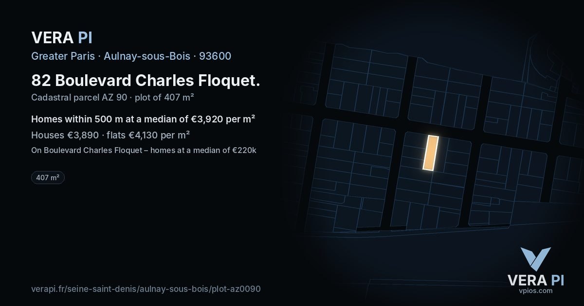 82 Boulevard Charles Floquet, Aulnay-sous-Bois at night – the plot lit, the parcels around coloured by the prices near them