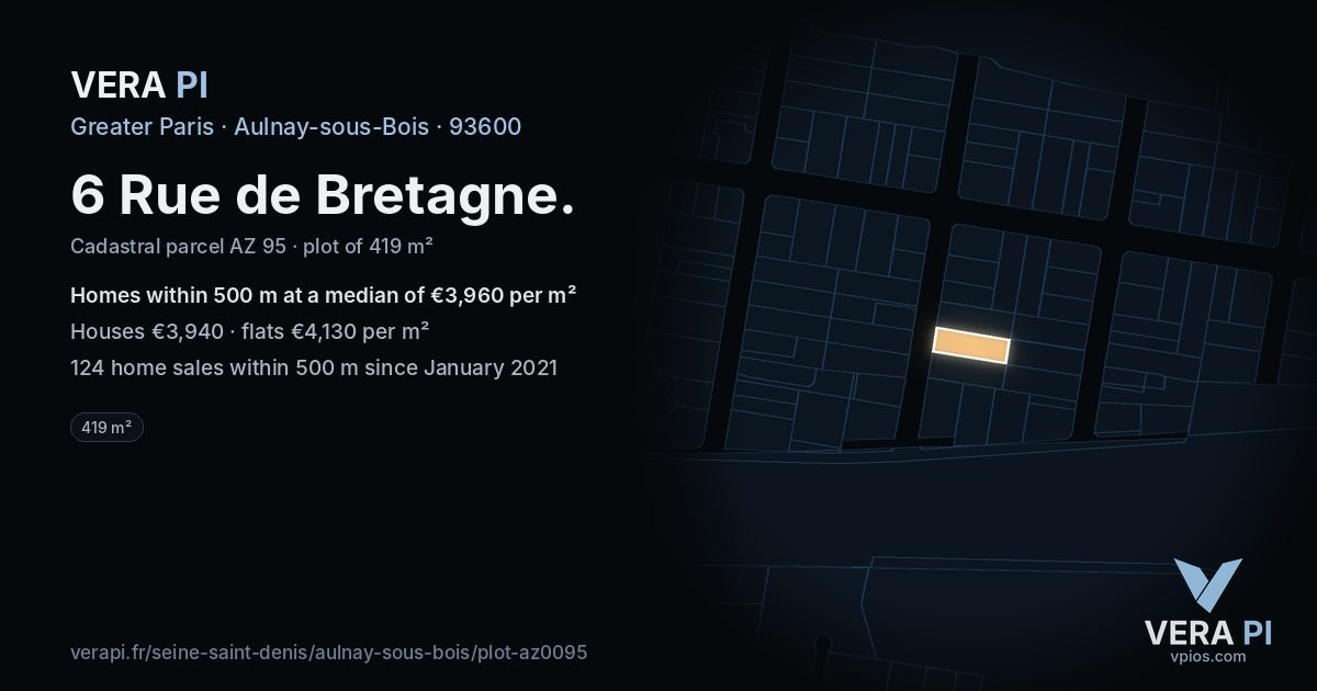 6 Rue de Bretagne, Aulnay-sous-Bois at night – the plot lit, the parcels around coloured by the prices near them