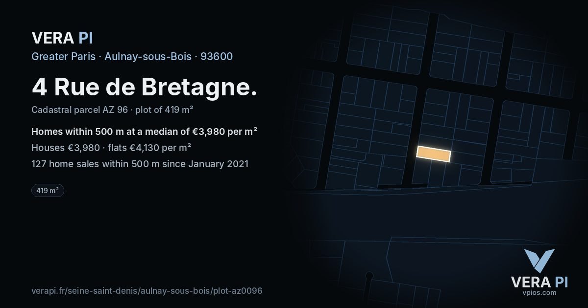 4 Rue de Bretagne, Aulnay-sous-Bois at night – the plot lit, the parcels around coloured by the prices near them