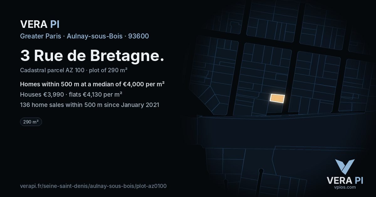 3 Rue de Bretagne, Aulnay-sous-Bois at night – the plot lit, the parcels around coloured by the prices near them