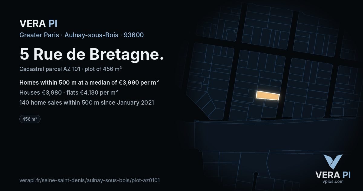 5 Rue de Bretagne, Aulnay-sous-Bois at night – the plot lit, the parcels around coloured by the prices near them