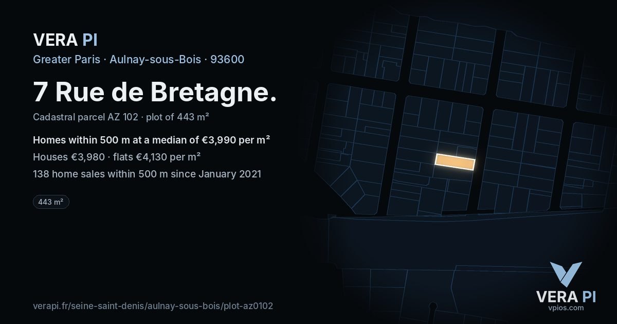 7 Rue de Bretagne, Aulnay-sous-Bois at night – the plot lit, the parcels around coloured by the prices near them
