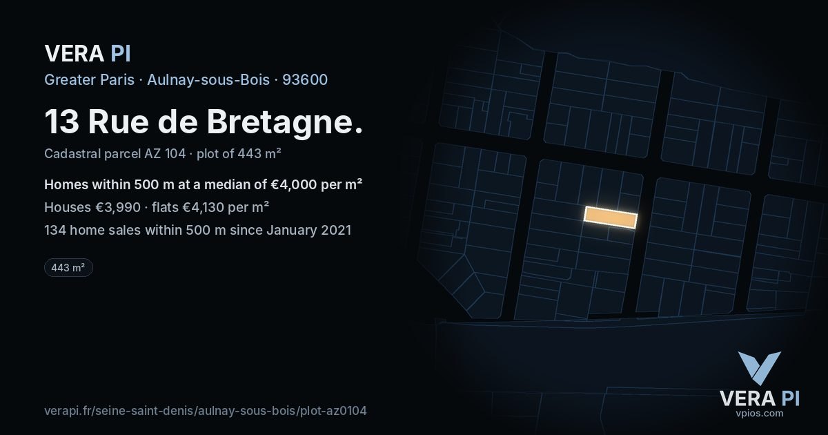 13 Rue de Bretagne, Aulnay-sous-Bois at night – the plot lit, the parcels around coloured by the prices near them
