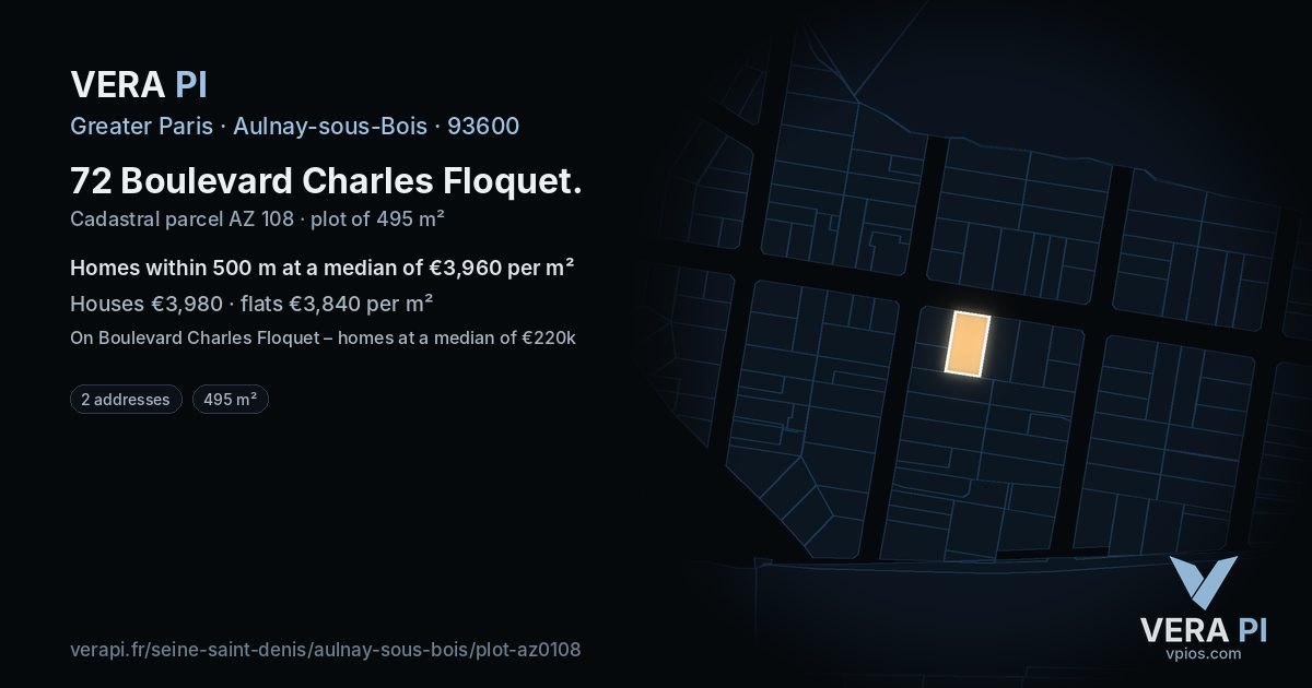 72 Boulevard Charles Floquet, Aulnay-sous-Bois at night – the plot lit, the parcels around coloured by the prices near them