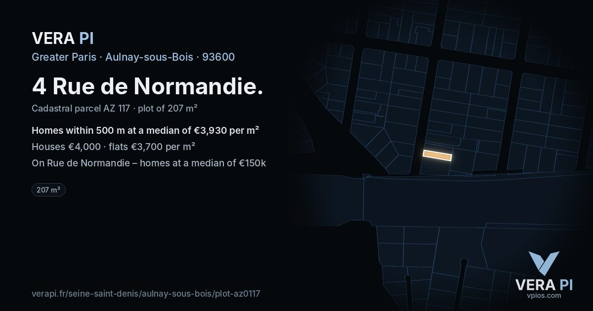 4 Rue de Normandie, Aulnay-sous-Bois at night – the plot lit, the parcels around coloured by the prices near them