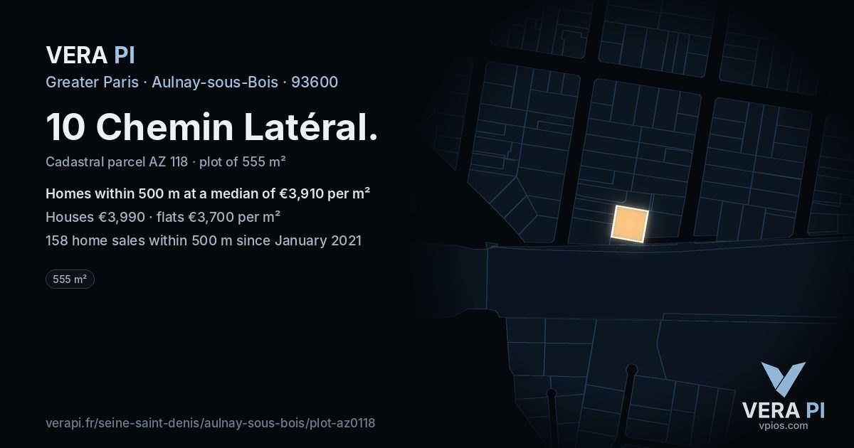 10 Chemin Latéral, Aulnay-sous-Bois at night – the plot lit, the parcels around coloured by the prices near them