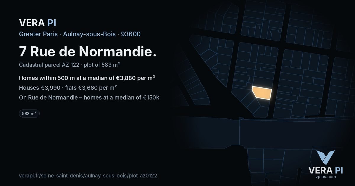 7 Rue de Normandie, Aulnay-sous-Bois at night – the plot lit, the parcels around coloured by the prices near them