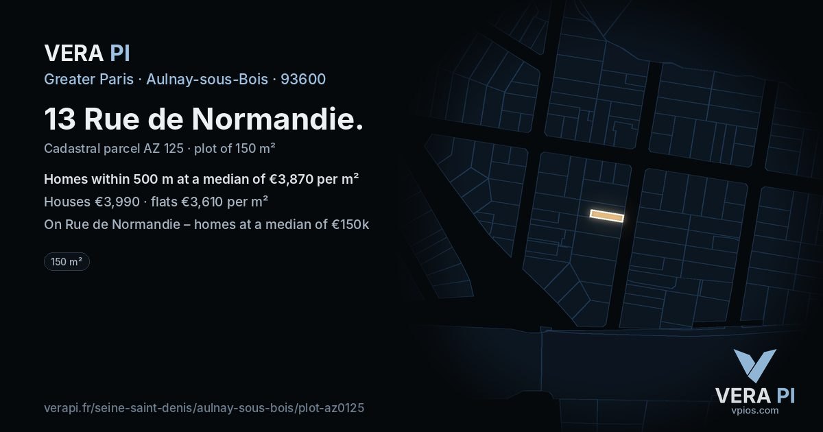 13 Rue de Normandie, Aulnay-sous-Bois at night – the plot lit, the parcels around coloured by the prices near them