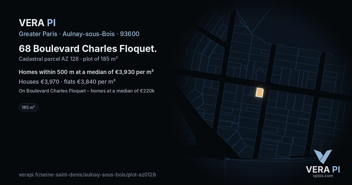 68 Boulevard Charles Floquet, Aulnay-sous-Bois at night – the plot lit, the parcels around coloured by the prices near them
