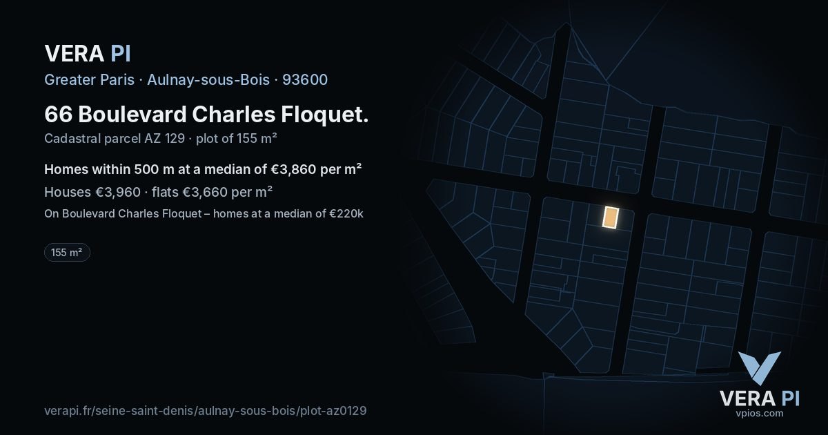 66 Boulevard Charles Floquet, Aulnay-sous-Bois at night – the plot lit, the parcels around coloured by the prices near them