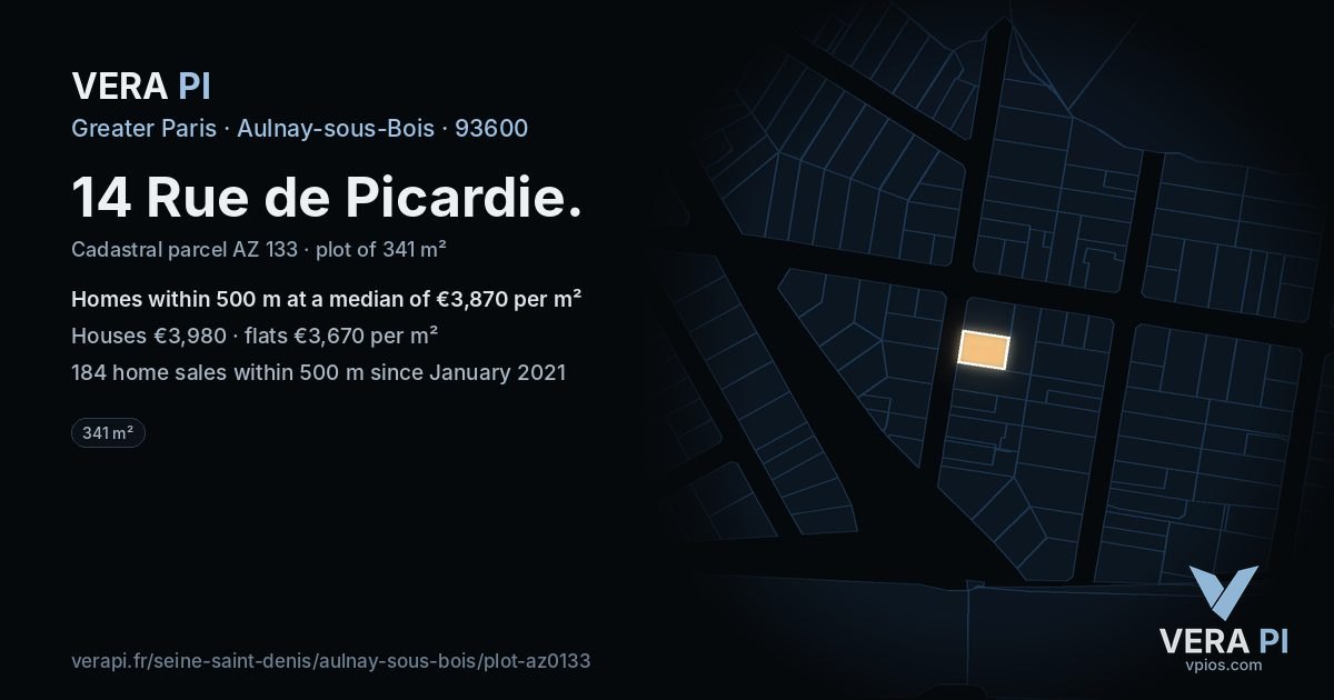 14 Rue de Picardie, Aulnay-sous-Bois at night – the plot lit, the parcels around coloured by the prices near them