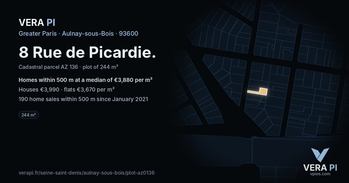 8 Rue de Picardie, Aulnay-sous-Bois at night – the plot lit, the parcels around coloured by the prices near them