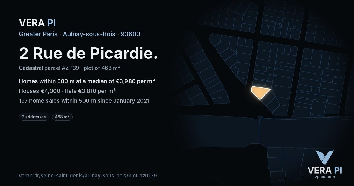 2 Rue de Picardie, Aulnay-sous-Bois at night – the plot lit, the parcels around coloured by the prices near them