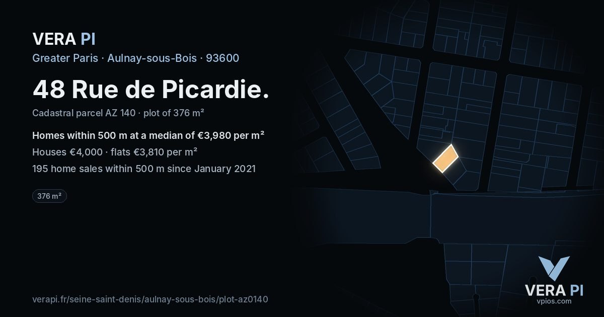 48 Rue de Picardie, Aulnay-sous-Bois at night – the plot lit, the parcels around coloured by the prices near them