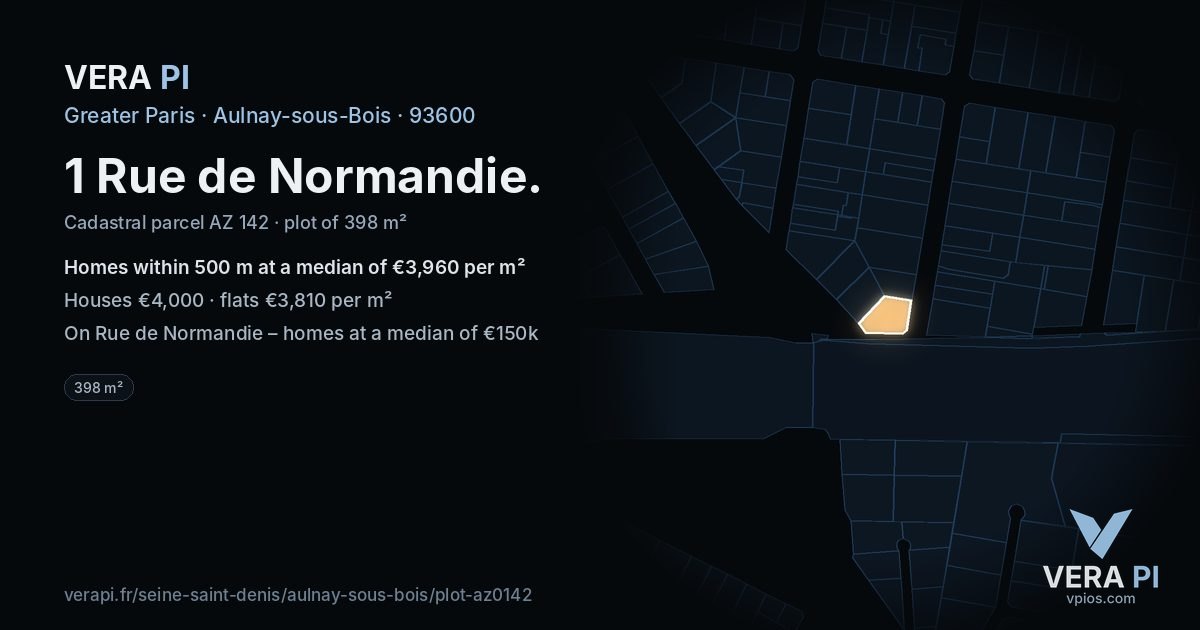1 Rue de Normandie, Aulnay-sous-Bois at night – the plot lit, the parcels around coloured by the prices near them