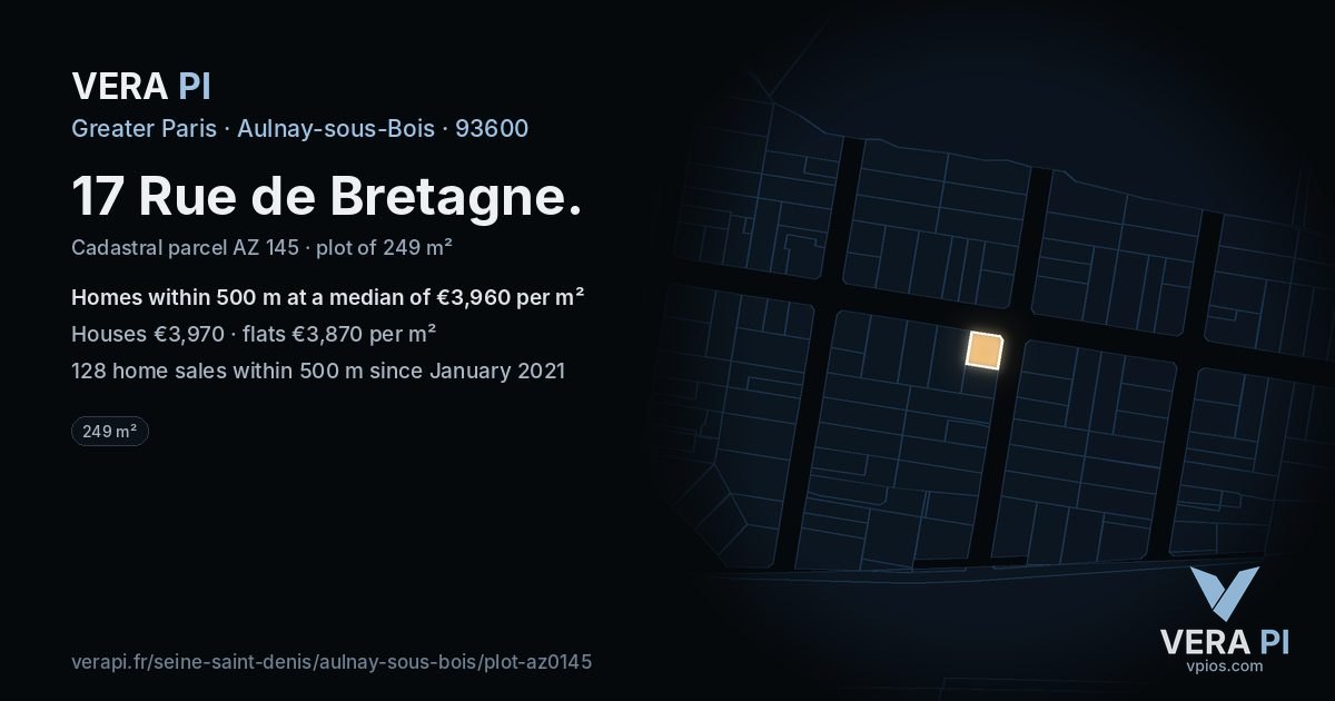 17 Rue de Bretagne, Aulnay-sous-Bois at night – the plot lit, the parcels around coloured by the prices near them