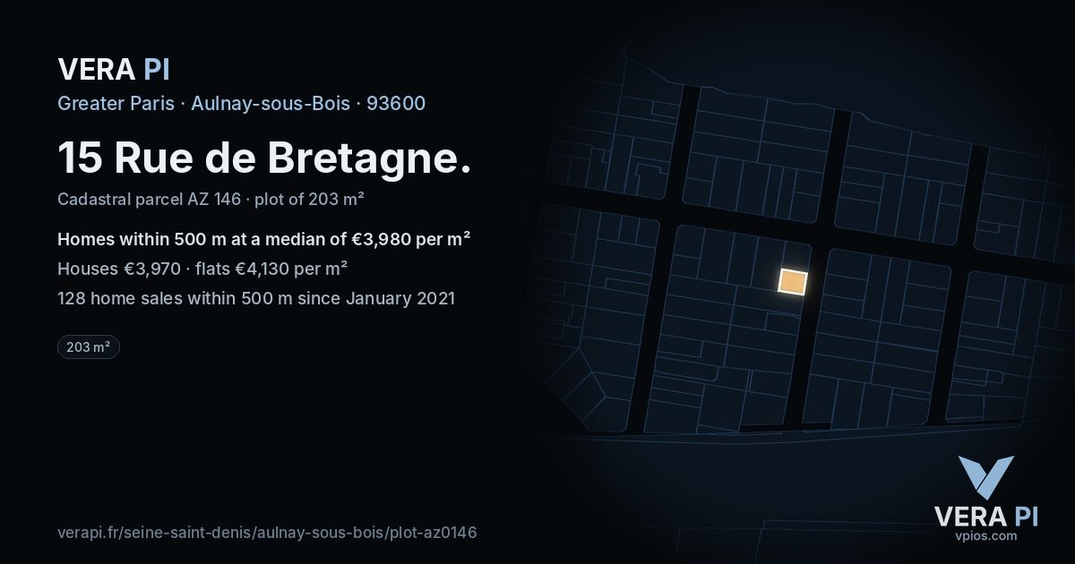 15 Rue de Bretagne, Aulnay-sous-Bois at night – the plot lit, the parcels around coloured by the prices near them