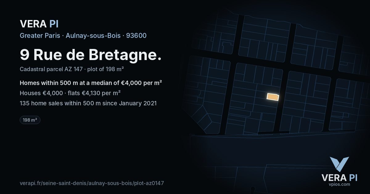 9 Rue de Bretagne, Aulnay-sous-Bois at night – the plot lit, the parcels around coloured by the prices near them