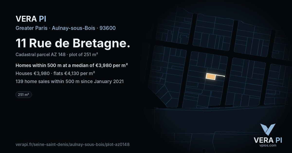11 Rue de Bretagne, Aulnay-sous-Bois at night – the plot lit, the parcels around coloured by the prices near them